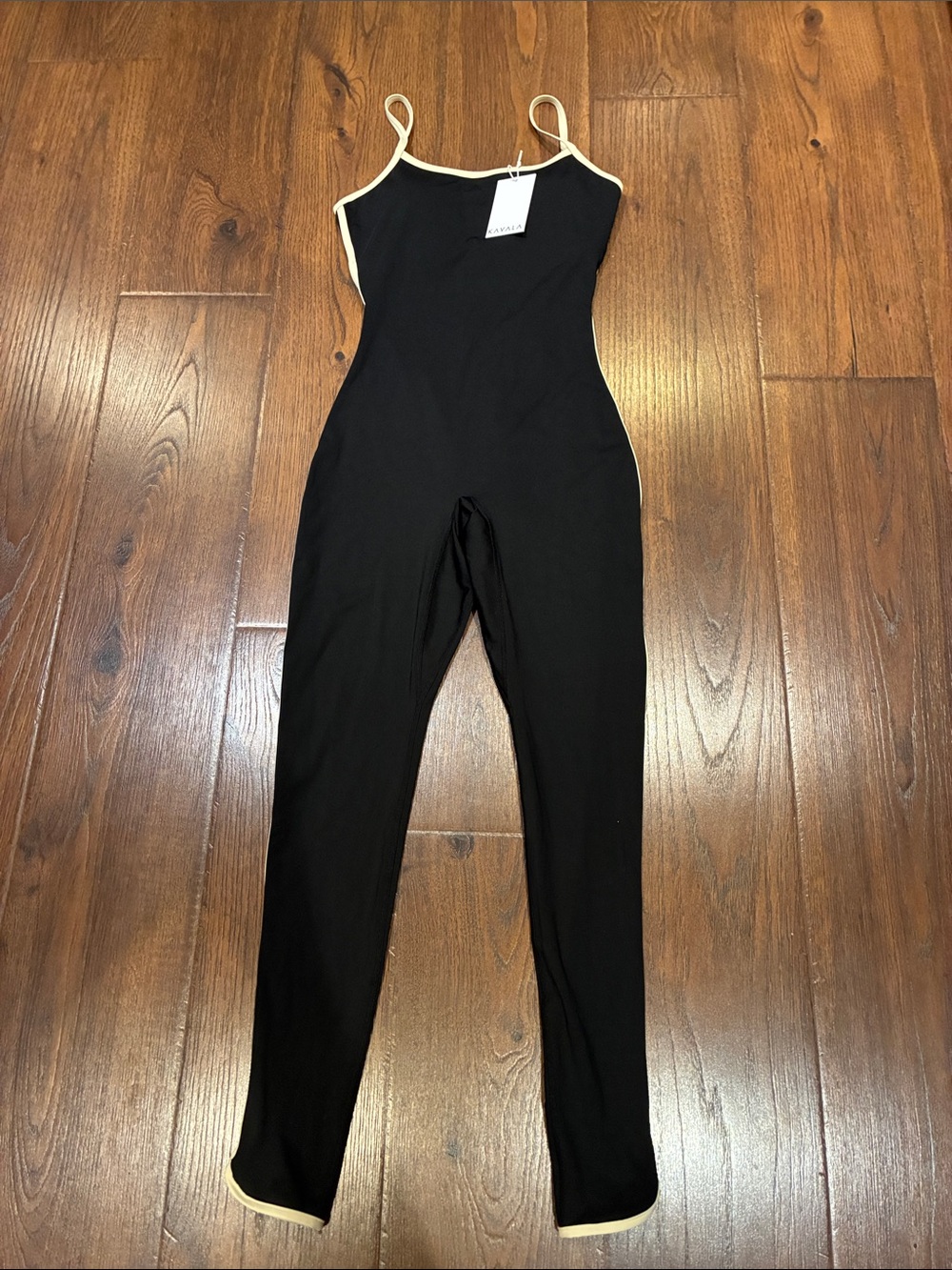 Black Spaghetti-Strap Jumpsuit with Cream Trim